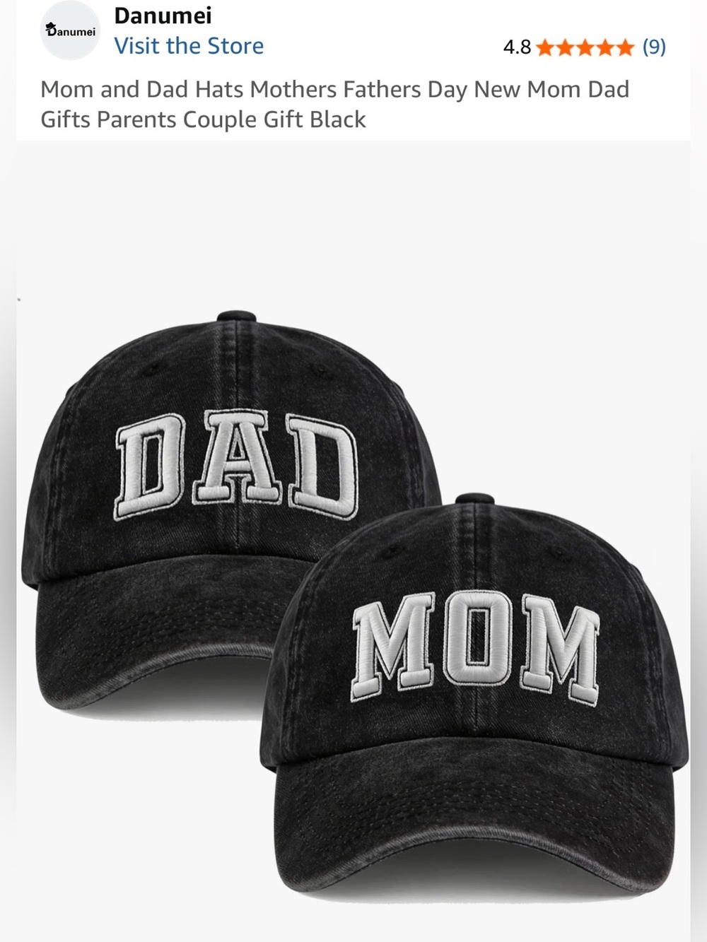 NWT Danumei Mom & Dad Embroidered Baseball Caps Set Color: Black Wash